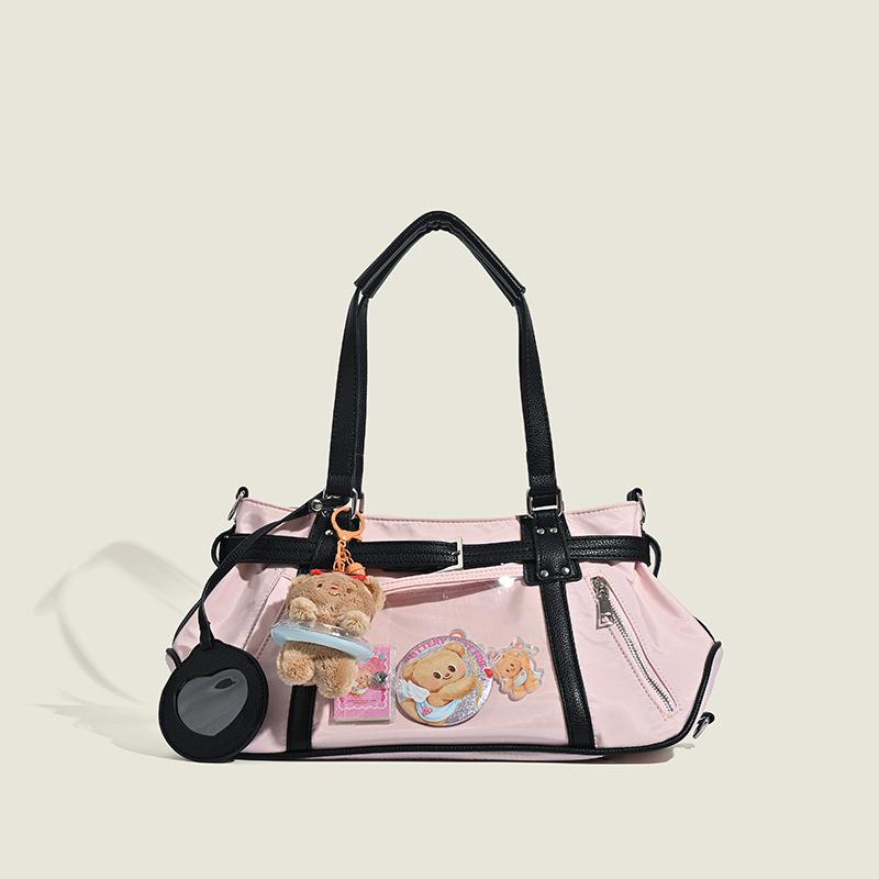 バッグ レディース 大容量 A4対応 軽量 やわらかい 通勤 通学 旅行用 痛バッグ ショルダーバッグ 斜め掛け トートバッグ 個性派 ピンク ナイロン 配色 切り替え ピロー型(4)