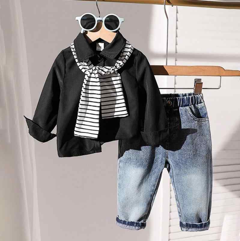 セットアップ ベビー 男の子 男児 幼児 1-3歳 長袖シャツ デニムパンツ 秋冬 快適 ソフトな肌触り 安全A類 カジュアル ブリティッシュスタイル 黒 無地 シングルボタン