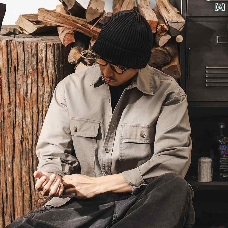 シャツ メンズ 形態安定 ヘビーウェイト アメカジ ヴィンテージ ワークシャツ アウトドア スポーツ コーマ綿 ゆったり ビッグシルエット 長袖 無地 春夏秋冬 カーキ グレー