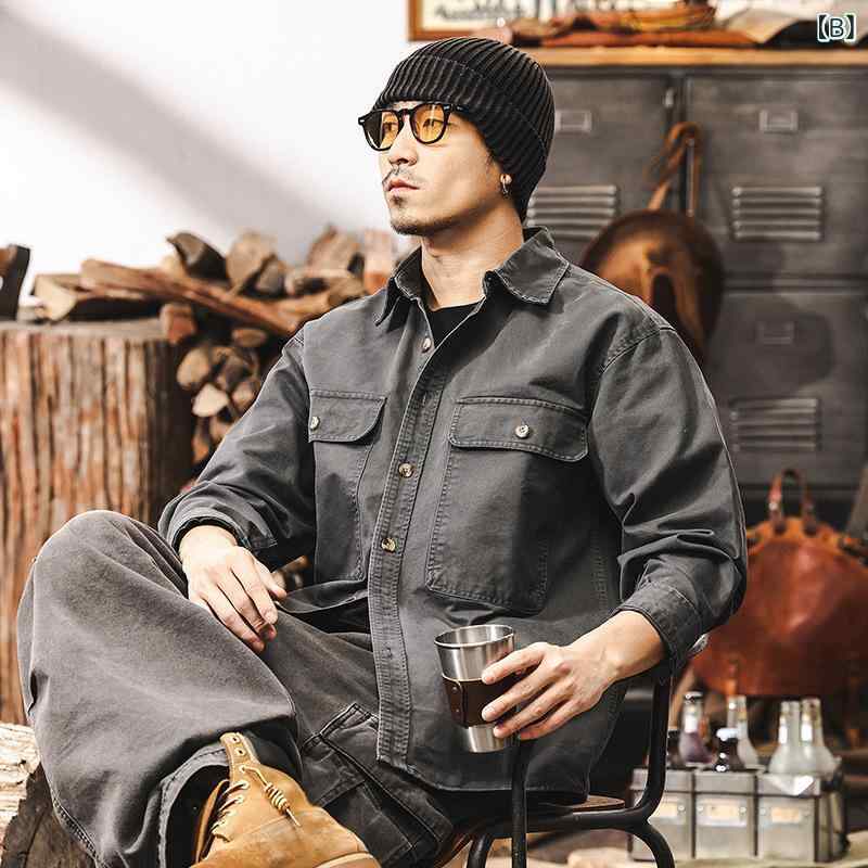 シャツ メンズ 形態安定 ヘビーウェイト アメカジ ヴィンテージ ワークシャツ アウトドア スポーツ コーマ綿 ゆったり ビッグシルエット 長袖 無地 春夏秋冬 カーキ グレー