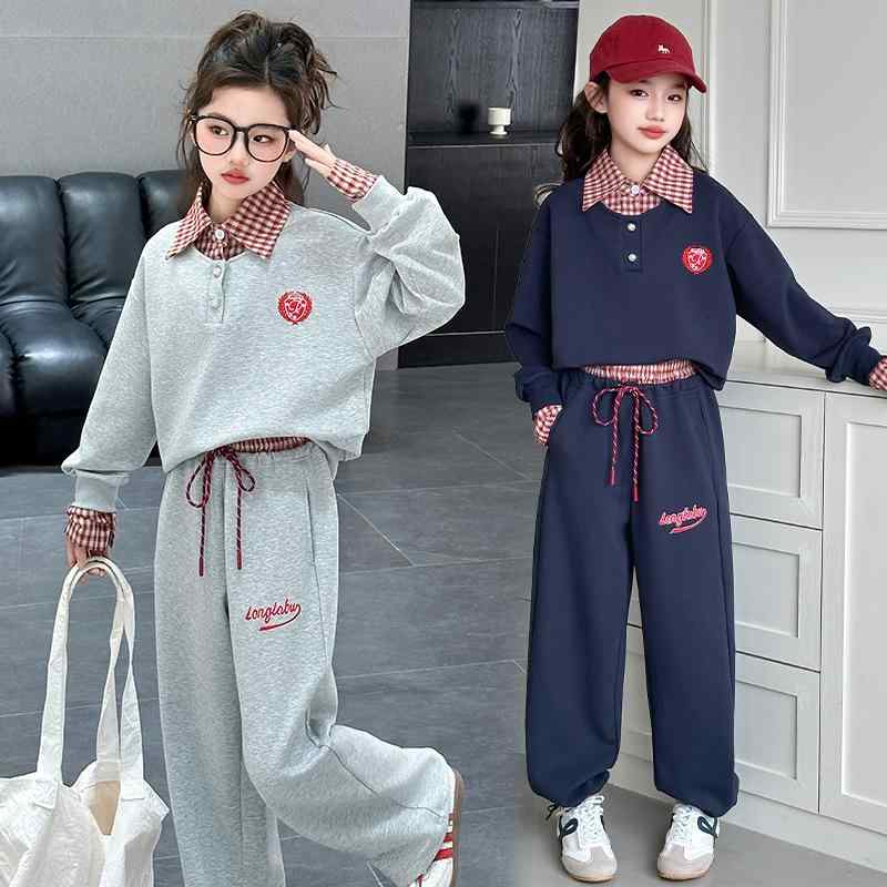 キッズ 女の子 セットアップ スウェット トレーナー パンツ 上下 2点セット ガールズ 春秋 おしゃれ ストリート カジュアル スポーツ 長袖 ロングパンツ 綿100 肌触り良い 襟付き チェック柄