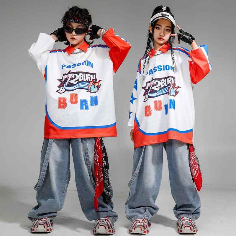 ダンス衣装 キッズ ジュニア 男の子 女の子 ヒップホップ ストリートダンス 発表会 ステージ衣装 スウェットシャツ サロペット デニム ジーンズ 上下セット セットアップ 綿 コットン 春秋 子供用