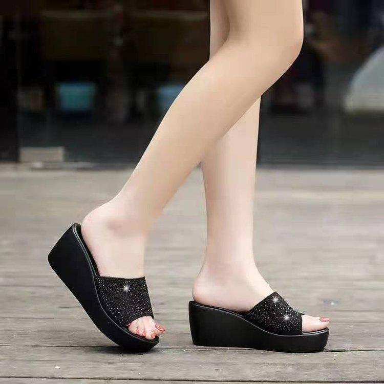 サンダル レディース 女性用 ウェッジヒール 厚底 オープントゥ ワンストラップ 滑り止め ラインストーン 合皮 外履き 通勤用 おしゃれ かわいい デイリーユース ミュール