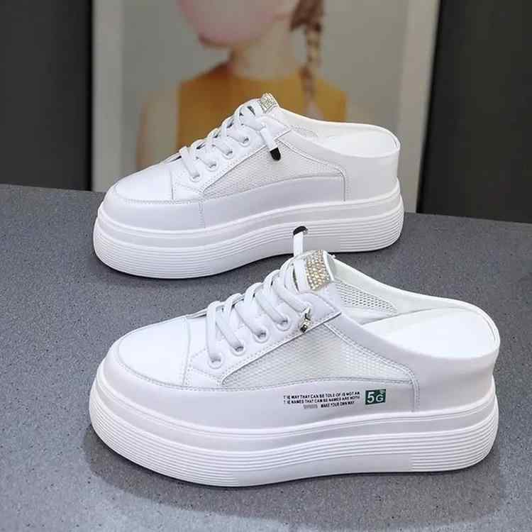 サンダル レディース 厚底 メッシュ かかと無し 楽ちん 外履き 通勤用 クローズドトゥ スリッポン 春夏 ホワイト PUレザー ゴム底