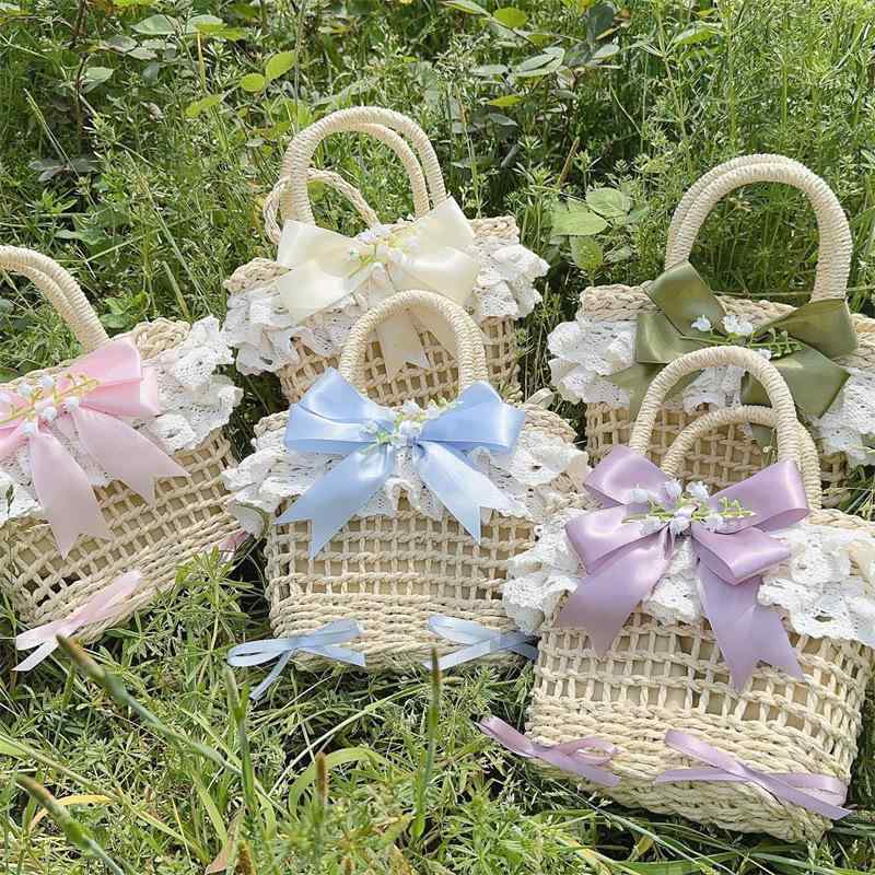 バッグ レディース ロリータ 森ガール風 スズラン レース リボン 草編み ストロー 手編み スクエア型 ..