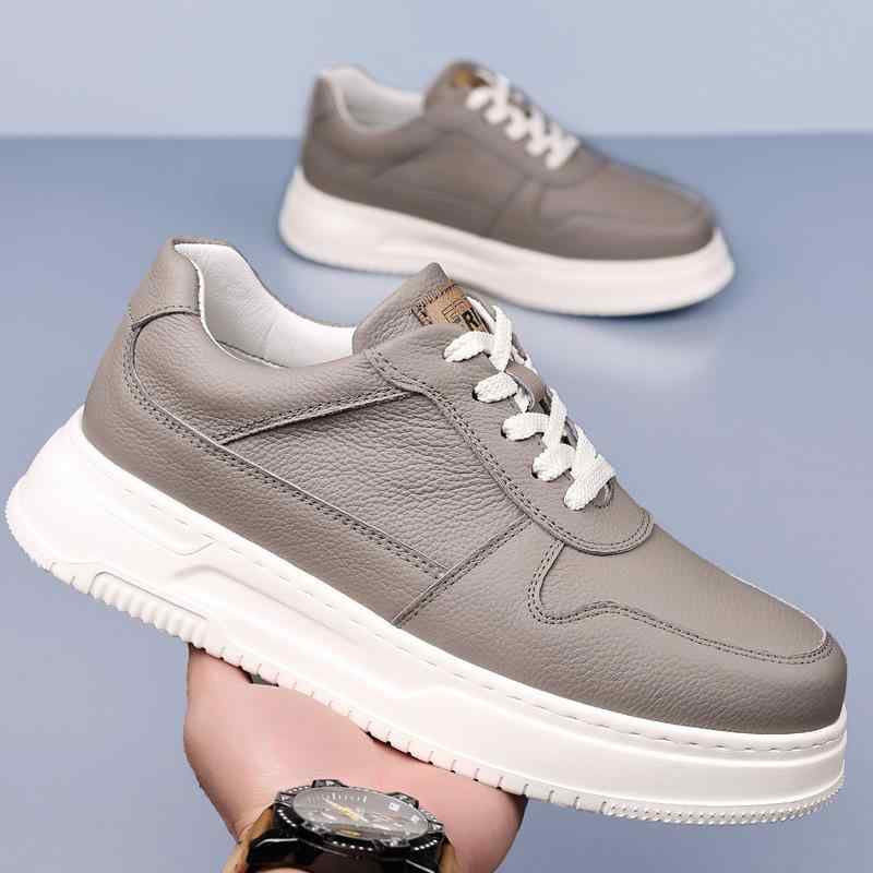 スニーカー メンズ シークレットヒール 厚底 ホワイト 本革アッパー メッシュ裏地 ゴム底 レースアップ..