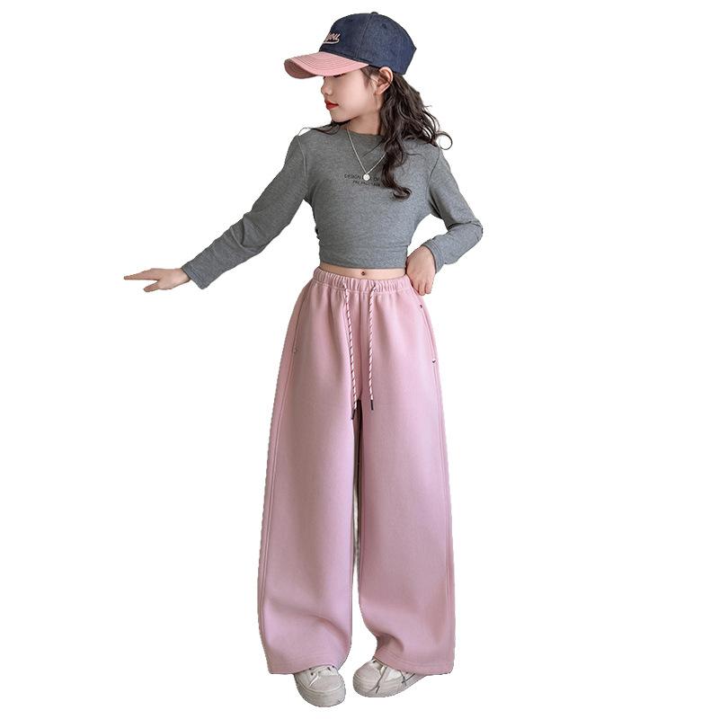 キッズ 女の子 スウェットパンツ 春秋 サイドポケット ドローストリング ウエストゴム ハイウエスト カジュアル 部屋着 リラックスストレート 綿混 無地 柔らか素材