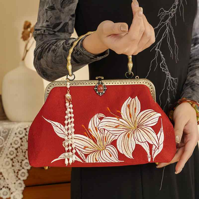 ハンドバッグ レディース リリー刺繍 中国風 クラシック ミニ スクエアバッグ パール タッセル チャイナドレス パーティー 結婚式 クラッチ ショルダーバッグ ファスナー 内ポケット 仕切り付き 通勤 デイリーユース(4)