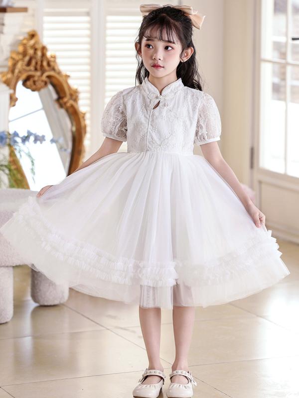 チャイナドレス 女の子 キッズ ワンピース プリンセスドレス チュチュ ふわふわチュール フォーマル 礼服 発表会 結婚式 パーティー 新チャイナ風 レース コットン 夏 白 ピンク