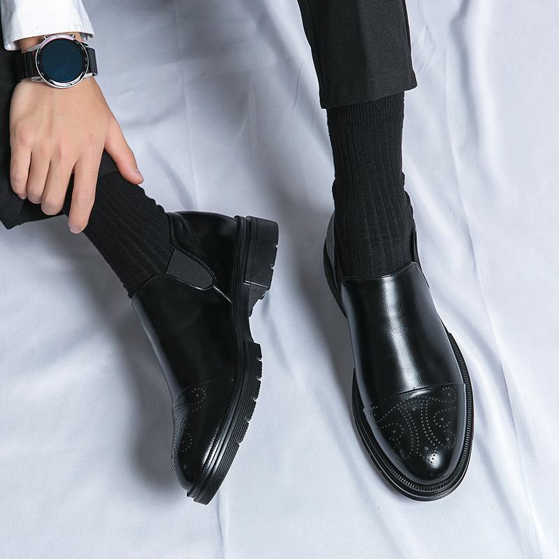 ビジネスシューズ メンズ シークレットヒール ローカット スリッポン ブローグ メダリオン ラウンドトゥ フォーマル 通勤 オールシーズン PUレザー ラバーソール 大きいサイズ 黒色 茶色