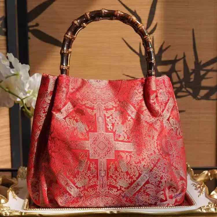 バッグ レディース チャイナドレス風 バンブーハンドル 宋錦 シルク 絹 モダンチャイニーズ 手提げ鞄 ミニ マグネット開閉 ファスナーポケット ソフト レッド カジュアル 旅行(4)