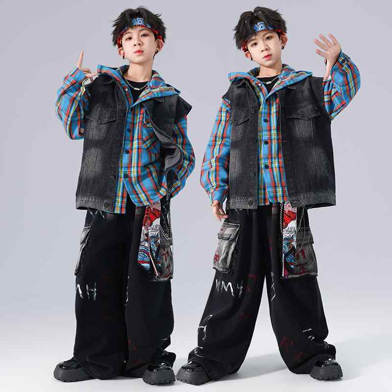 ダンス衣装 キッズ 男の子 女の子 ストリートダンス ヒップホップ シャツ ベスト デニムパンツ セットアップ ジュニア 綿 コットン 春秋 発表会 ステージ衣装 動きやすい カジュアル 中大童