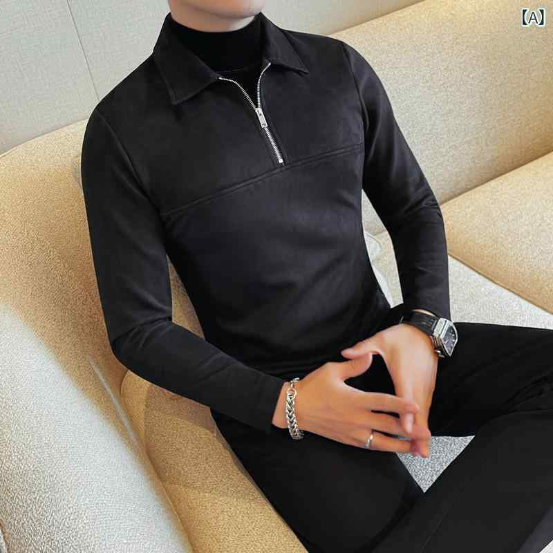 POLOシャツ メンズ 男性用 ハーフジップ 長袖 無地 起毛素材 切り替え フェイクレイヤード 大人カジュアル 化繊混紡 ポリエステル 秋物 色落ちしにくい