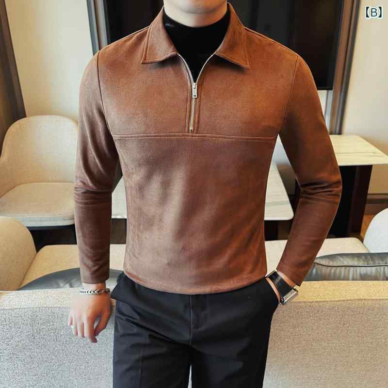 POLOシャツ メンズ 男性用 ハーフジップ 長袖 無地 起毛素材 切り替え フェイクレイヤード 大人カジュアル 化繊混紡 ポリエステル 秋物 色落ちしにくい