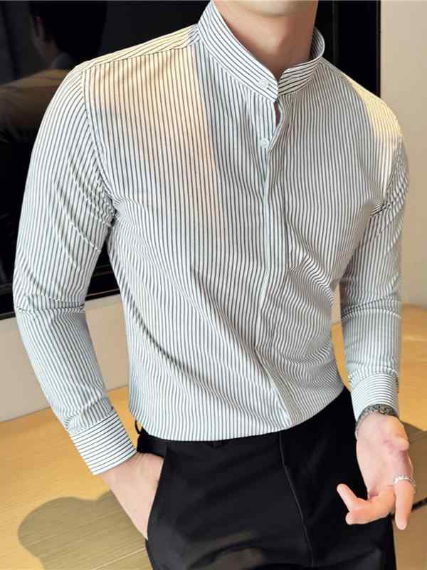 シャツ メンズ 小スタンドカラー 細ストライプ 長袖 スリムフィット 形態安定 色落ちしにくい 韓国風 中華風 大人のカジュアル 混紡素材