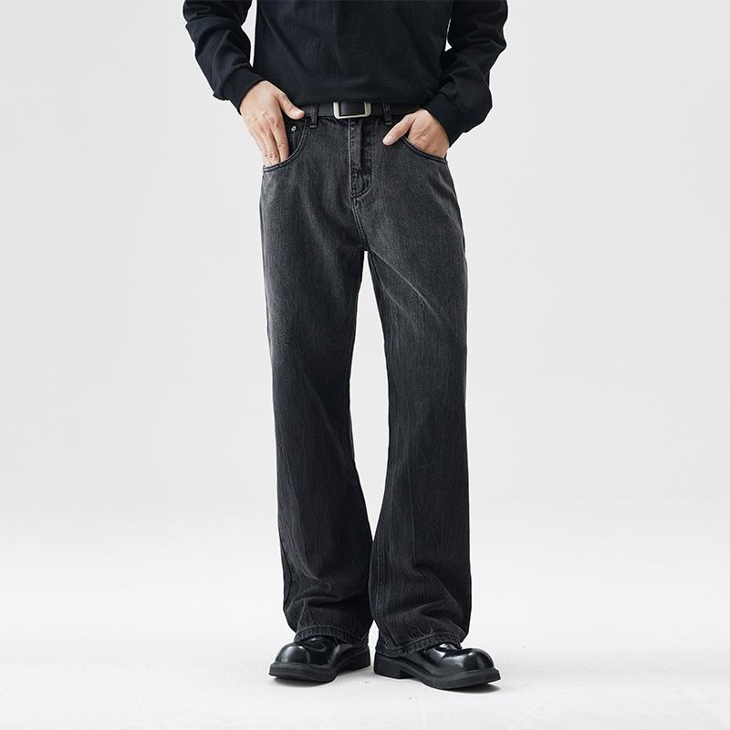 デニムパンツ メンズ アメリカンストリート レトロ ウォッシュ加工 ブラック ゆったり ブーツカット ノンストレッチ コットンブレンド ミドルウエスト ロング丈 秋冬