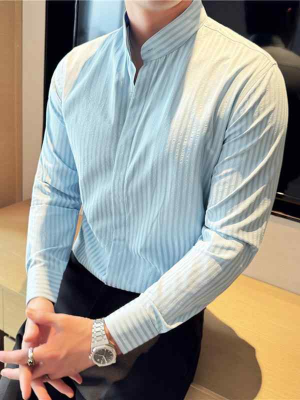 形態安定 スリムフィット メンズ シャツ スタンドカラー 長袖 立体リブ 隠し縦ストライプ 大人カジュアル クール チャイナ風 ポリエステル混紡 白 黒 緑 青 春 秋