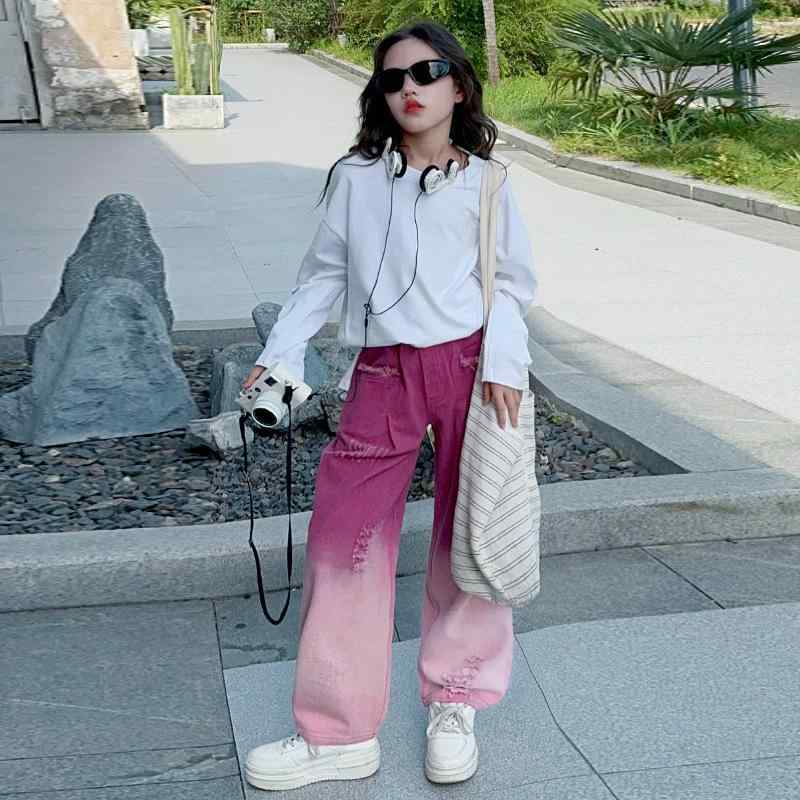 デニムパンツ 女の子 ガールズ ジュニア 子供服 小学生 ハイウエスト ゆったり ワイドパンツ ダメージ加工 グラデーション ピンク コットン 綿混 柔らかい肌触り 春秋 カジュアル 通学 お出かけ 普段着 ルーズフィット