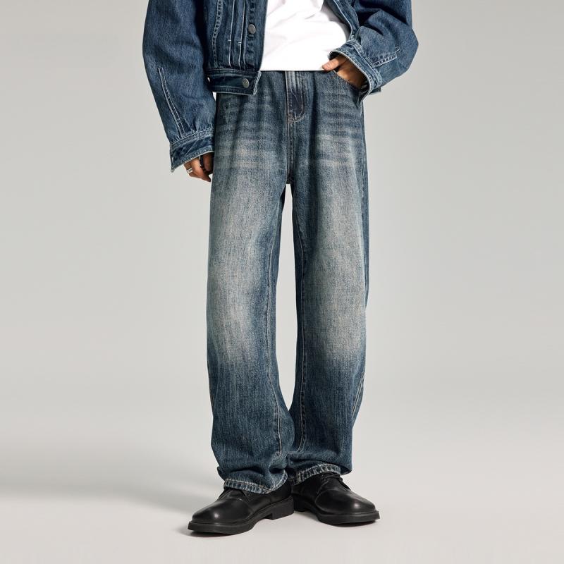 デニムパンツ メンズ アメリカンストリート ウォッシュ加工 ゆったり ストレート ノンストレッチ ミドルライズ ロング丈 カジュアル 綿混 再生繊維ブレンド ヴィンテージブルー