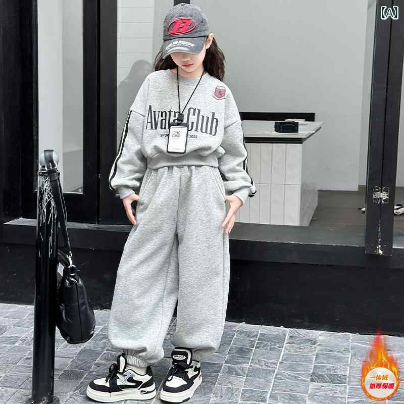 セットアップ 女の子 キッズ ジュニア 裏起毛 あったか 防寒 保温 ゆったり 韓国風 ロゴ 英字 ショート丈 スウェット トレーナー コットン ワイドパンツ ガウチョパンツ 長ズボン 冬物 上下セット