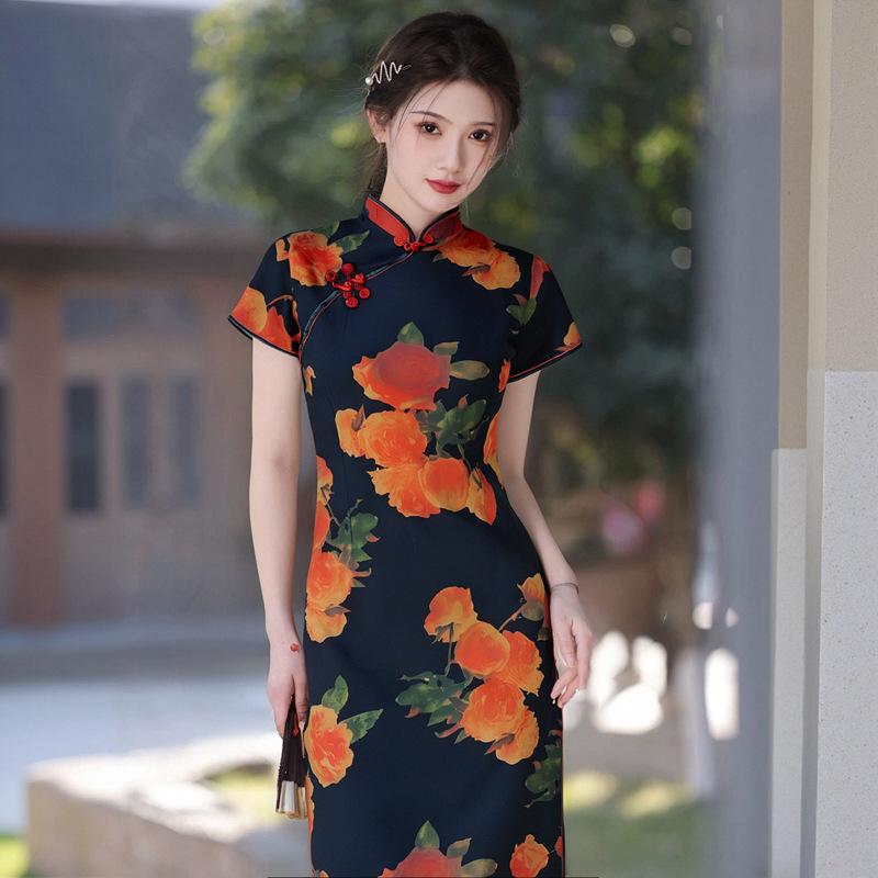 ワンピース レディース 改良 レトロ チャイナドレス ロング丈 春夏 エレガント 上品 フェミニン スタンドカラー 斜め襟 ハイサイドスリット 三分袖 ポリエステル スパンデックス混 シワになりにくい 伸縮性 普段使い デイリーユース ブラック(4)