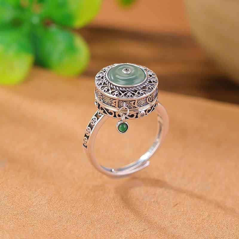 指輪 レディース 925 スターリングシルバー 青翡翠 レトロ加工 平安モチーフ 回転式 調節可能 エスニック 普段使い お守り ブルー 開口式