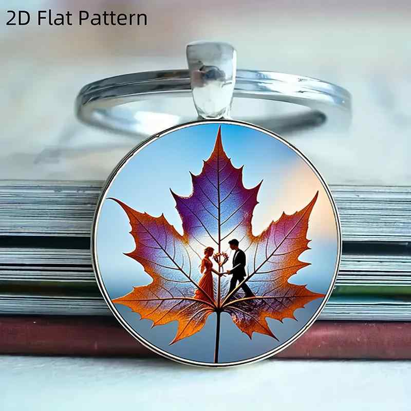 キーホルダー かわいい おしゃれ ファッション 紅葉柄 メイプルリーフ 丸型 ラウンド ガラス 合金製 チャーム ペンダント キーリング バッグチャーム 普段使い 小物(x2)