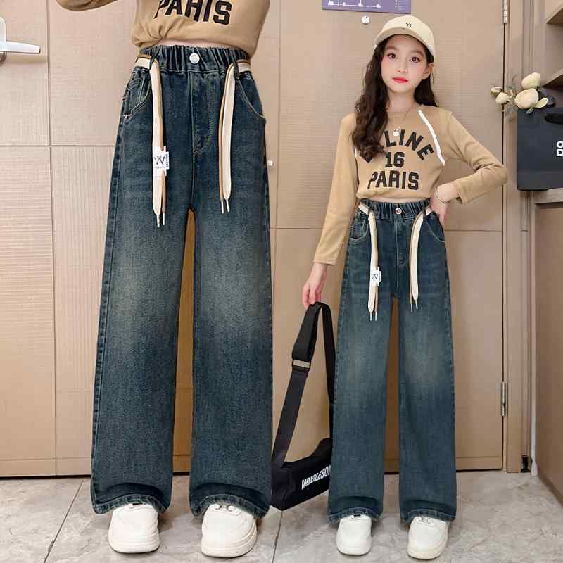 デニムパンツ 女の子 ガールズ キッズ ジュニア ストレート ワイド ゆったり ルーズフィット フルレン..