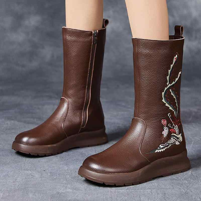 ブーツ レディース ミセス 本革 民族風 鴛鴦刺繍 快適 ゴム底 ウェッジソール 裏ボア 防寒 厚底 脚長効果 ミドルヒール 秋冬 普段使い(4)