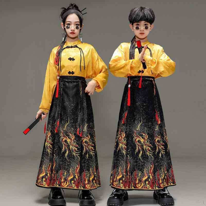 キッズ 男の子 女の子 男女兼用 漢服 中華風 発表会 舞台衣装 伝統衣装 マミエン裙 漢字柄 セットアップ 合唱 詩吟 綿混素材 オールシーズン 8歳以上 小学生 中学生 コスチューム