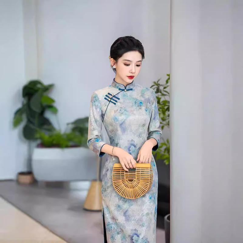 チャイナドレス レディース 七分袖 スタンドカラー 斜め襟 スリット 微ストレッチ モダンチャイニーズ ..
