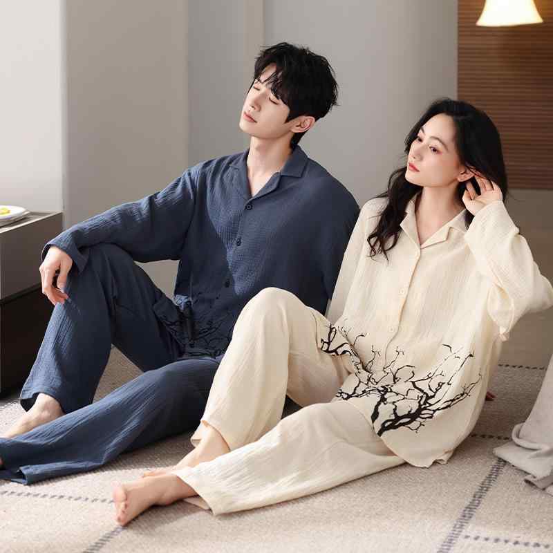 パジャマ メンズ レディース ペア 綿100% ガーゼ 通気性 伸縮性 長袖 ロングパンツ セットアップ 薄手 開襟 テーラードカラー ゆったり..