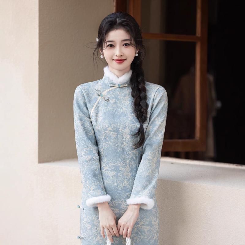 ワンピース レディース 裏起毛 厚手 長袖 微ストレッチ シワになりにくい 新チャイナスタイル 改良 チ..