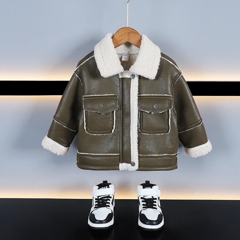 ジャケット キッズ 男の子 PUレザー フェイクムートン ボア裏地 ライダース アウター 秋冬 暖かい 防寒 おしゃれ カジュアル ストリート 襟付き 長袖 ショート丈 ジップアップ ブラウン グリーン