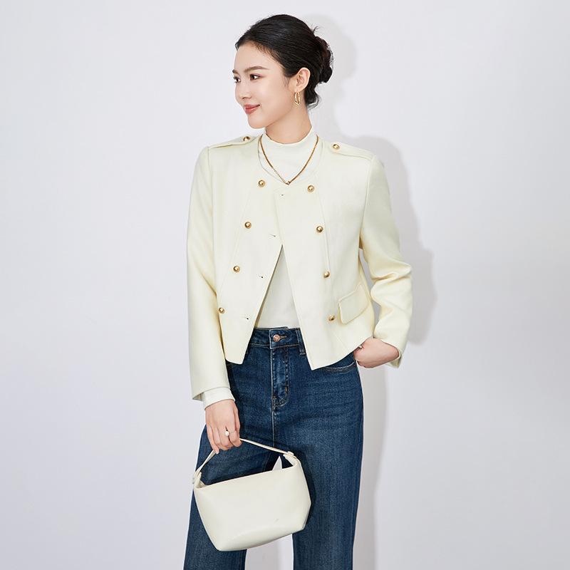 アウター レディース フレンチスタイル ツイード調 ショート丈 クルーネック ダブルボタン 金ボタン 長袖 無地 通勤 オフィス カジュアル 春秋