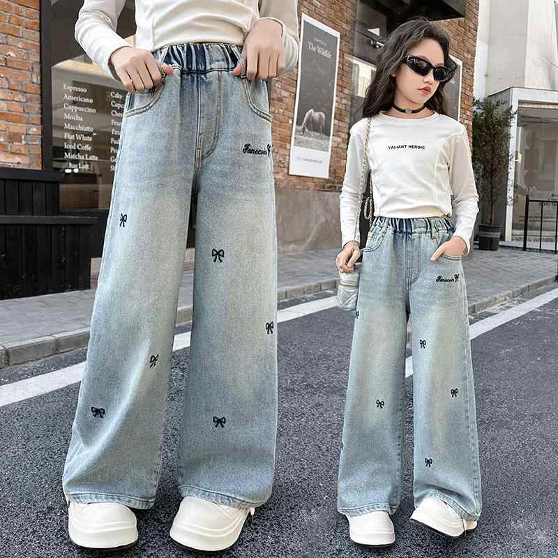 デニムパンツ 女の子 キッズ 黒色 蝶々 バタフライ コットン 綿 柔らか素材 ワイドパンツ ロングパンツ カジュアル スポーツ 通学 普段着 部屋着 おしゃれ 韓国風 春秋