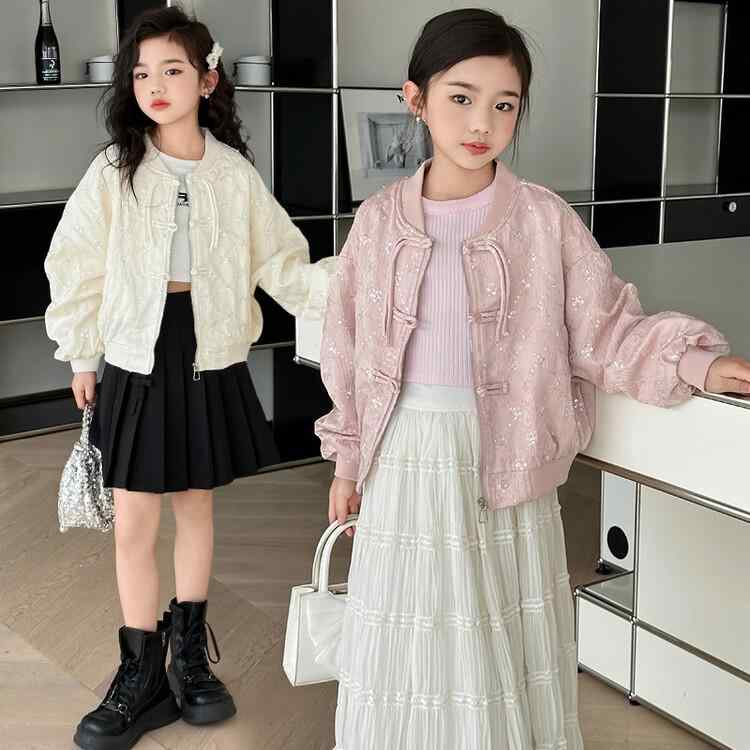 ジャケット キッズ 女の子 ベースボールカラー ジップアップ 長袖 ミドル丈 中華風 チャイナ風 レトロ おしゃれ 春秋 柔らか素材 ガールズ 子供服 アウター ピンク アプリコット