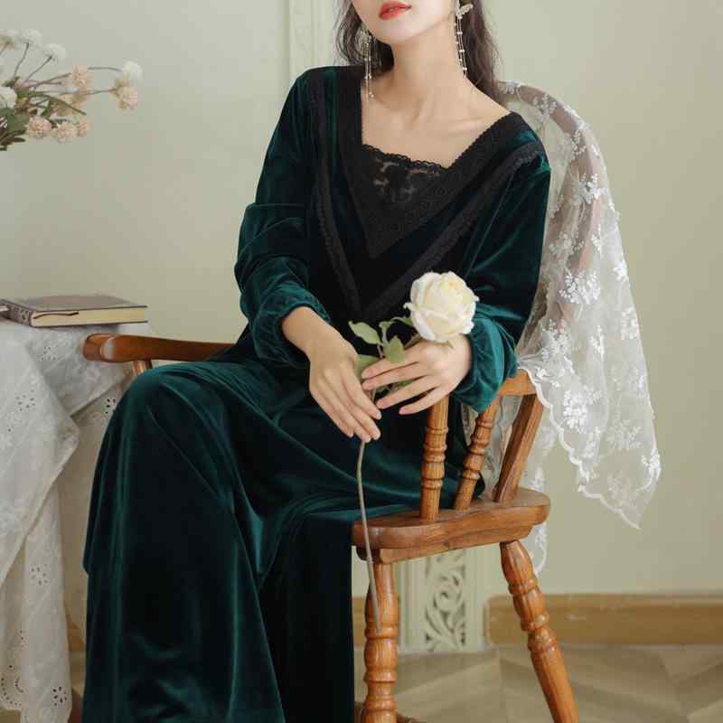 ルームワンピース レディース 裏起毛 保温 長袖 Vネック ゆったり 宮廷風 エレガント ロング丈 パジャマ 部屋着 ワンマイルウェア 秋冬春 ブラック