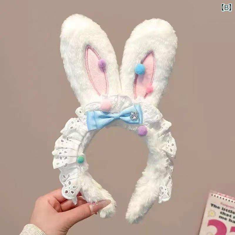 セキュアデポのカチューシャ キッズ 女の子 子供用 かわいい ふわふわ うさ耳 リボン レース 洗顔 ヘアバンド ピンク ホワイト ブルー もこもこ 手作り｜アングル3