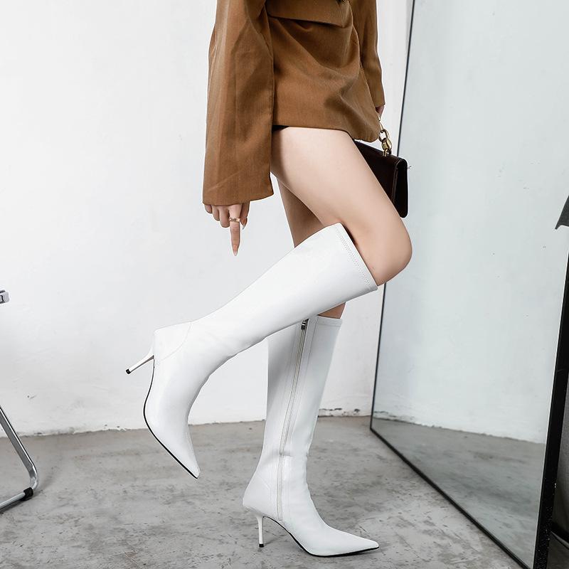 ブーツ レディース 欧米風 ファッション 細ヒール ポインテッドトゥ スクエアヒール サイドジッパー ハイヒール 裏起毛 美脚効果 保温性 秋冬 合成皮革 異素材切り替え ロング丈