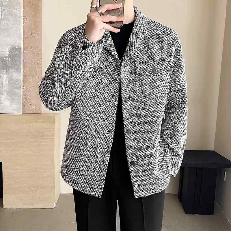 ジャケット メンズ きれいめ 上品 大人カジュアル 韓国ファッション ツイード風 チェック柄 スリムフィット テーラードカラー 長袖 秋冬アウター 通勤 ビジネス グレー ブラック