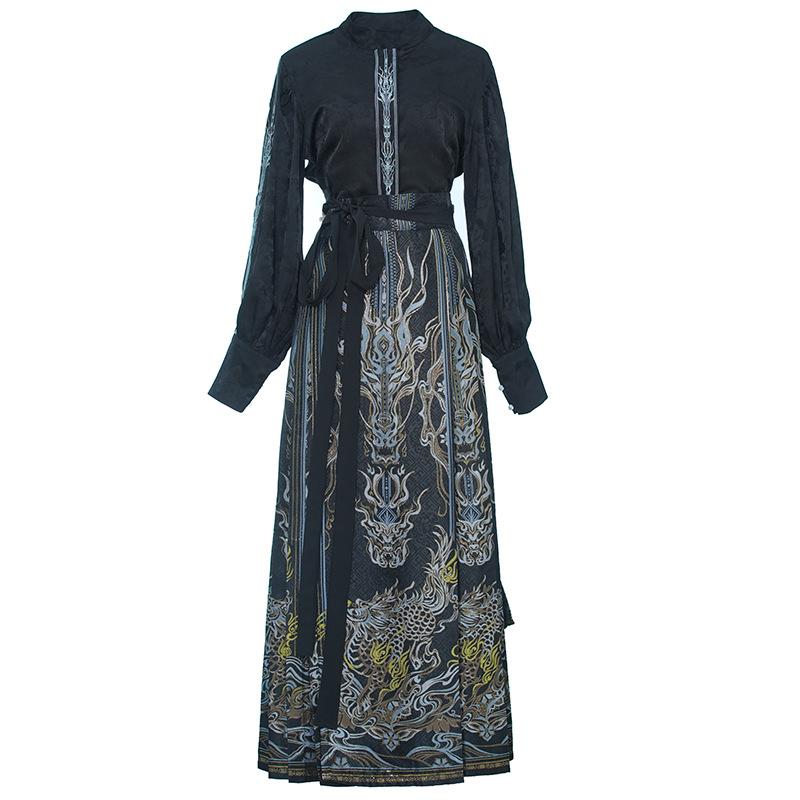 漢服 レディース 秋冬 着痩せ効果 古風 新中式 中国風 明朝風 鳳凰 重厚織金 馬面スカート セットアップ ポリエステル素材 ストレッチ 普段使い 防寒