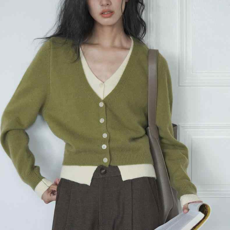 ニットカーディガン レディース フェイクレイヤード Vネック 切り替え 長袖 前開き ゆったり 高級感 通勤用 ミドル丈 グリーン トップス 秋冬