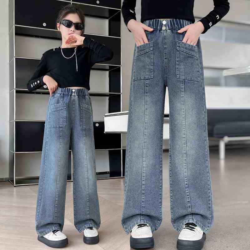 パンツ キッズ 女の子 ジュニア デニム ジーパン 綿 ウエストゴム 切り替え ストレート ワイド おしゃれ カジュアル 春秋 ロングパンツ