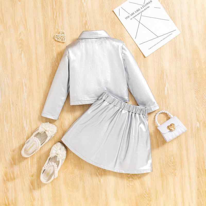 キッズ ガールズ 欧米風 トレンド 秋冬 スカートセットアップ 上下セット 襟付き シングルボタン ジャケット 長袖 PUレザー ショートスカート シルバーカラー 3歳 8歳 小学生向け