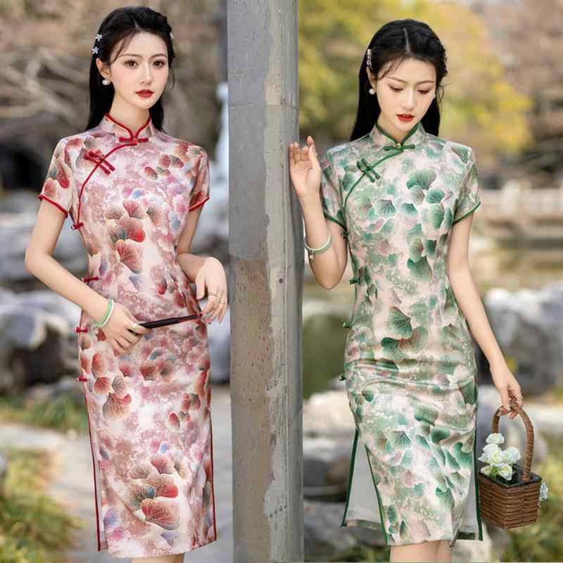 チャイナドレス レディース ミセス ママ 春夏 小柄向け 新中式 改良デザイン レトロ 上品 ミディ丈 半袖 高級感 光沢感 ストレッチ スタンドカラー 斜め襟