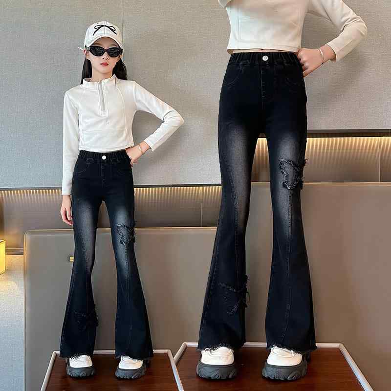デニムパンツ 女の子 キッズ ジュニア 蝶々 バタフライ ストレッチ 伸縮性 フレア ロング 綿 コットン 無地 春秋 カジュアル おしゃれ 黒 韓国ファッション 通学 お出かけ 小学生 中学生