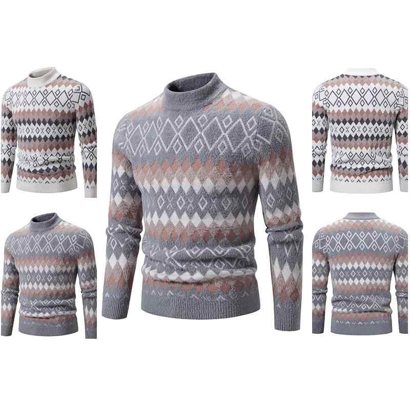 セーター ユニセックス ニット 秋冬 プルオーバー 長袖 韓国風 大きいサイズ ビッグサイズ ゆったり スタンドカラー ハイネック モックネック ひし形柄 アー...