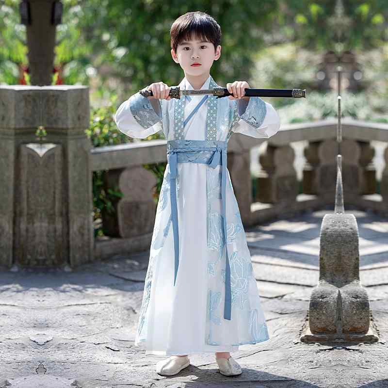 唐装 男の子 キッズ ジュニア 漢服 中国伝統衣装 古装 オリジナルデザイン 春夏 オフホワイト ストライ..