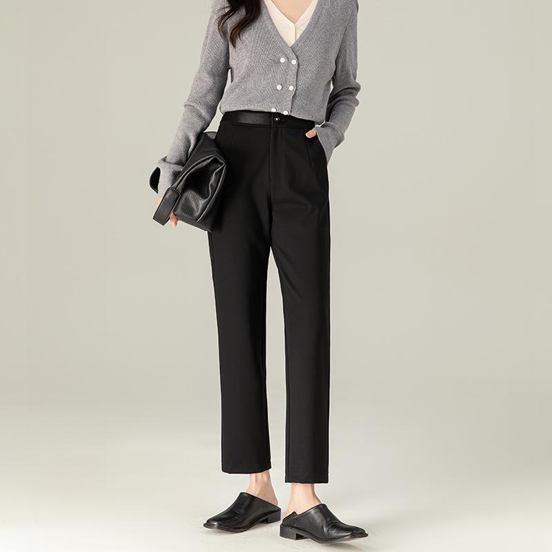 スラックス レディース 九分丈 ハイウエスト ストレートパンツ ニット ストレッチ 通勤 オフィス カジュアル スタイルアップ 脚長効果 着回し 小柄 切り替えデザイン 秋冬